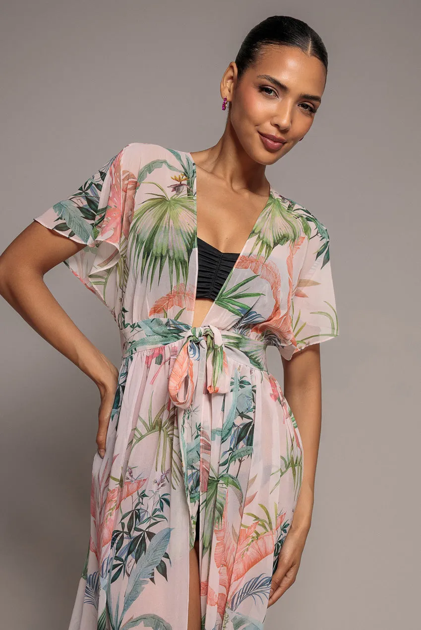 Goddiva Palm Print Flutter Sleeve kimono maxi palm print verde