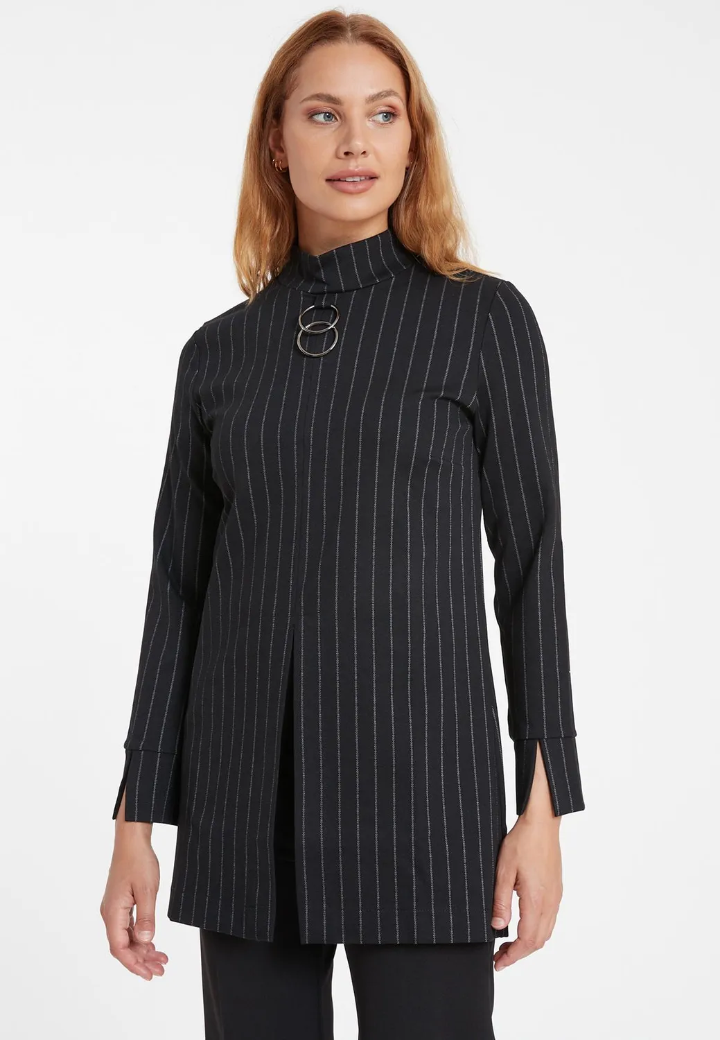 Ana Alcazar Somya top lungo gessato nero business