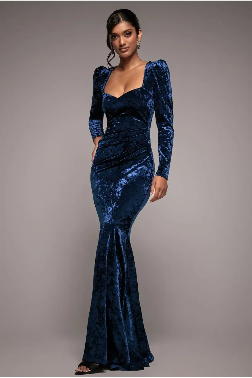 Goddiva Flared Hem abito lungo blu velluto ice