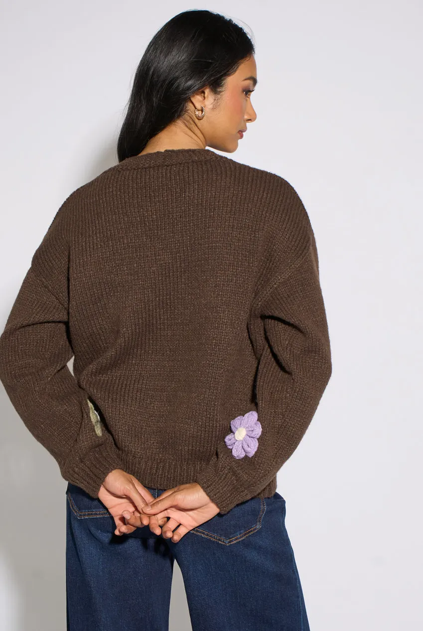 Gini London 3D Floral cardigan marrone maglia maniche lunghe