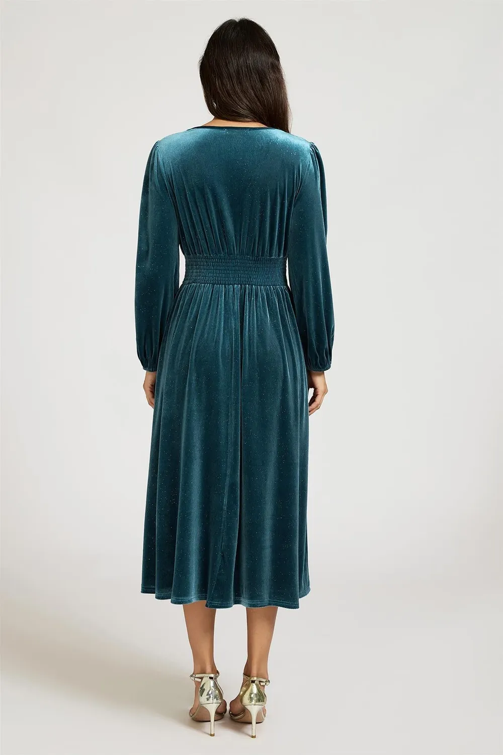 FS Collection abito midi velluto teal collo V manica lunga