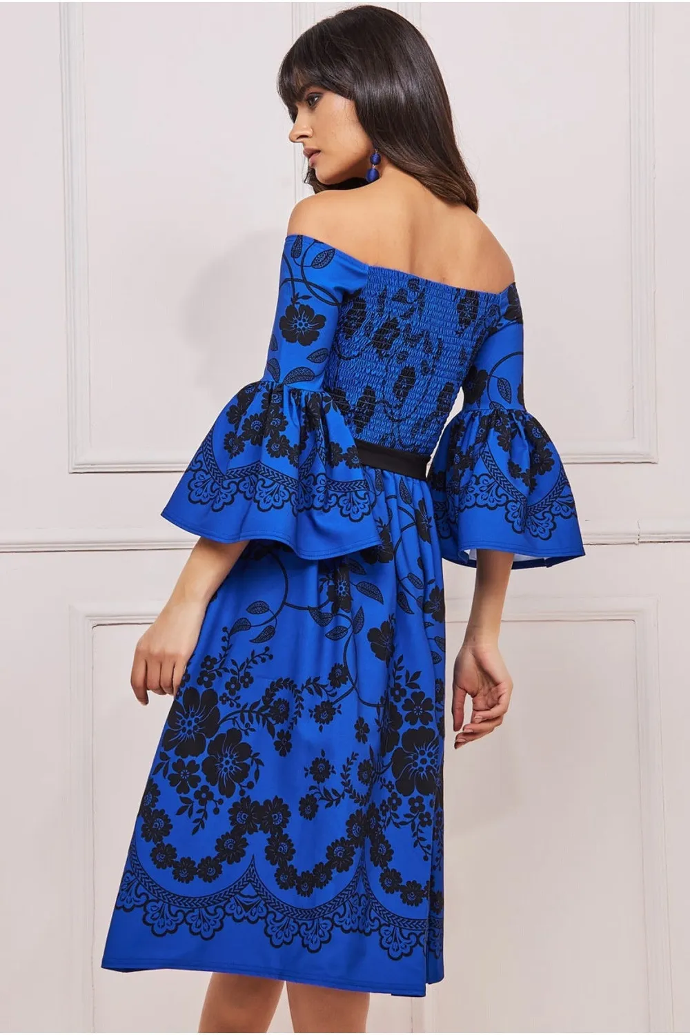 Goddiva abito midi blu royal floreale off shoulder