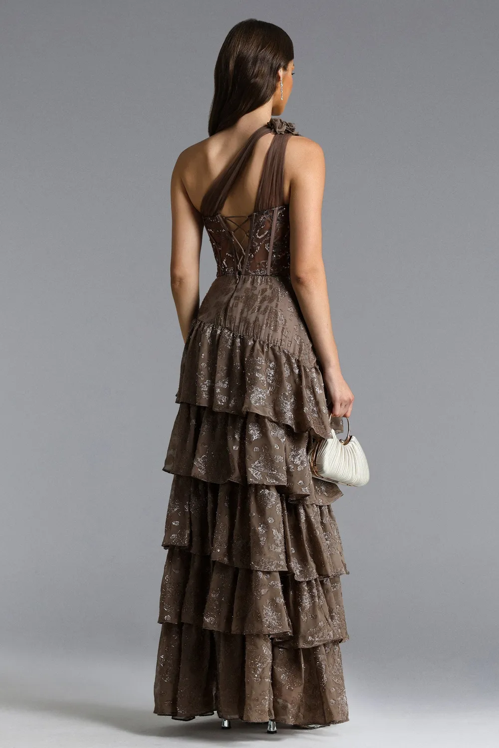 Bella Barnett Hedar Abito Maxi Paillettes Marrone Monospalla