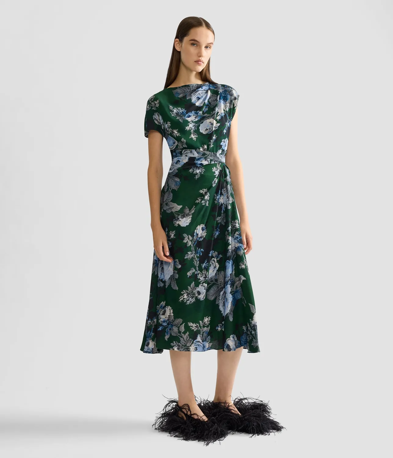 Erdem Top Crepe Verde Fiori Drappeggio Corto