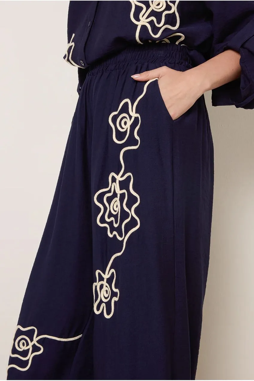 Blue Vanilla Pantaloni Blu Navy Ricamo Floreale Vita Alta S/M