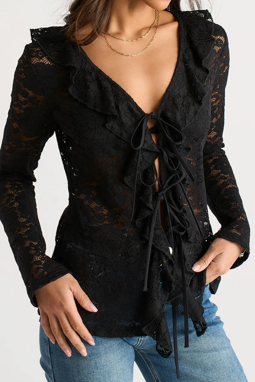 Gini London Lace Ruffle camicetta nera pizzo jersey
