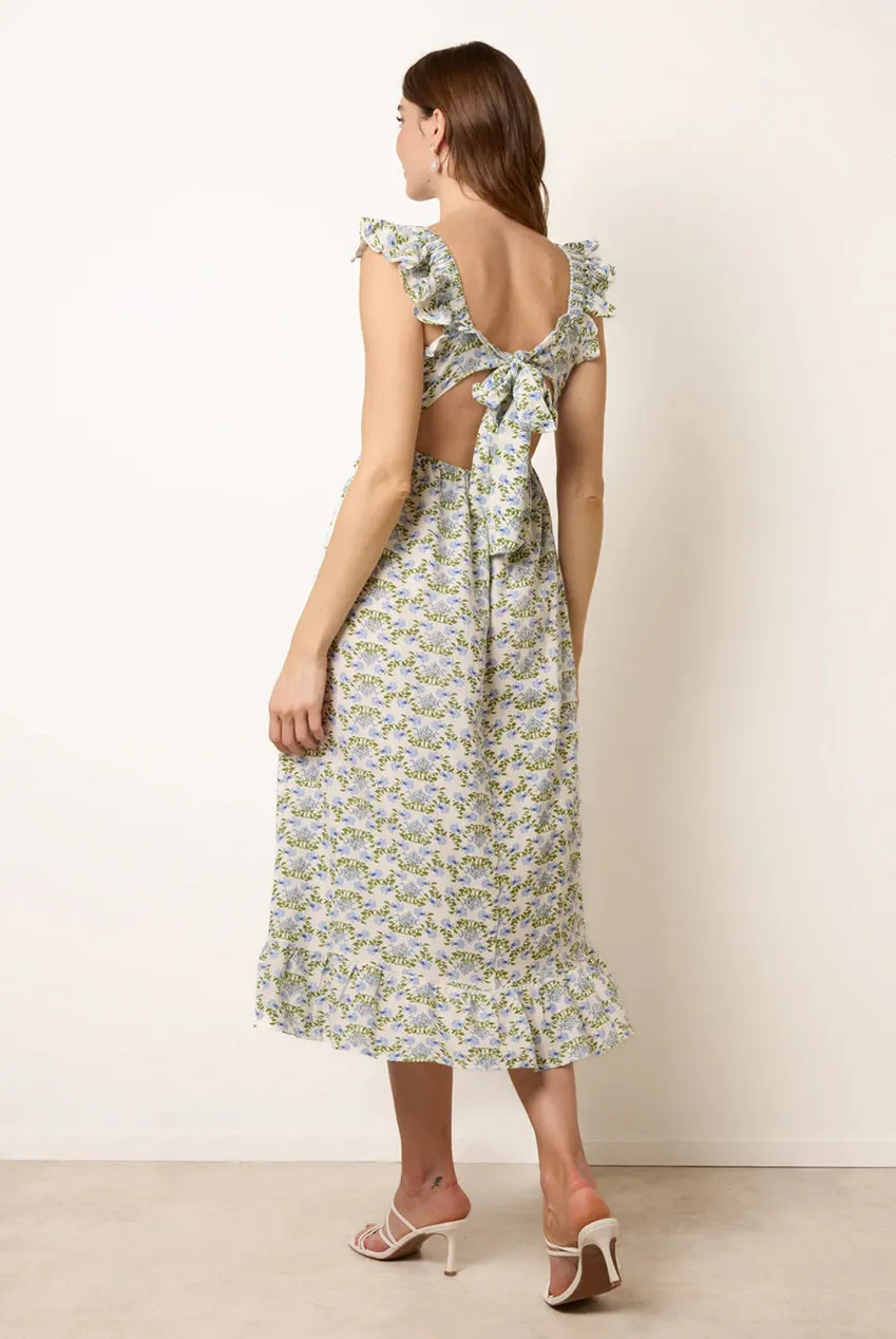 Blue Vanilla Floral abito midi blu schiena fiocco