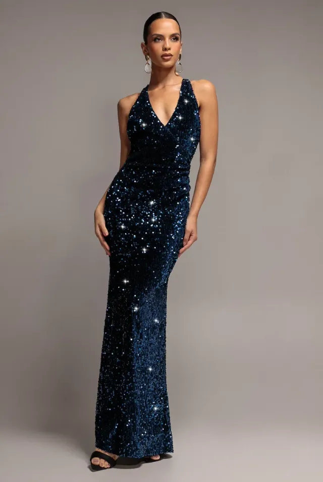 Goddiva Sequin Velvet V Neck Cross Back abito lungo navy paillettes