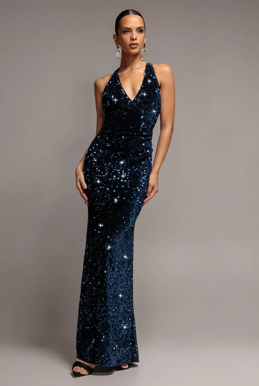 Goddiva Sequin Velvet V Neck Cross Back abito lungo navy paillettes