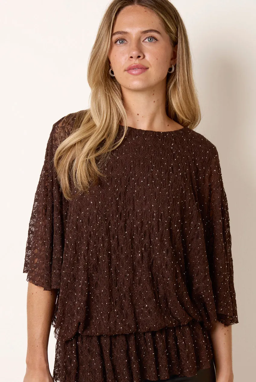 Blue Vanilla Lace Rhinestone Batwing top pizzo cioccolato strass