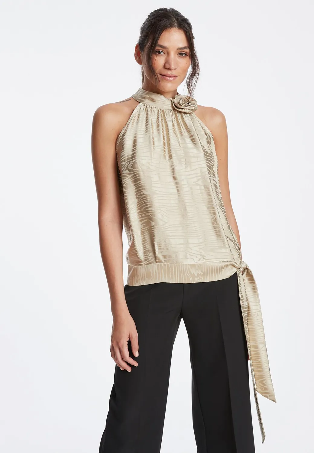Ana Alcazar Zarly top satin oro scollo halterneck