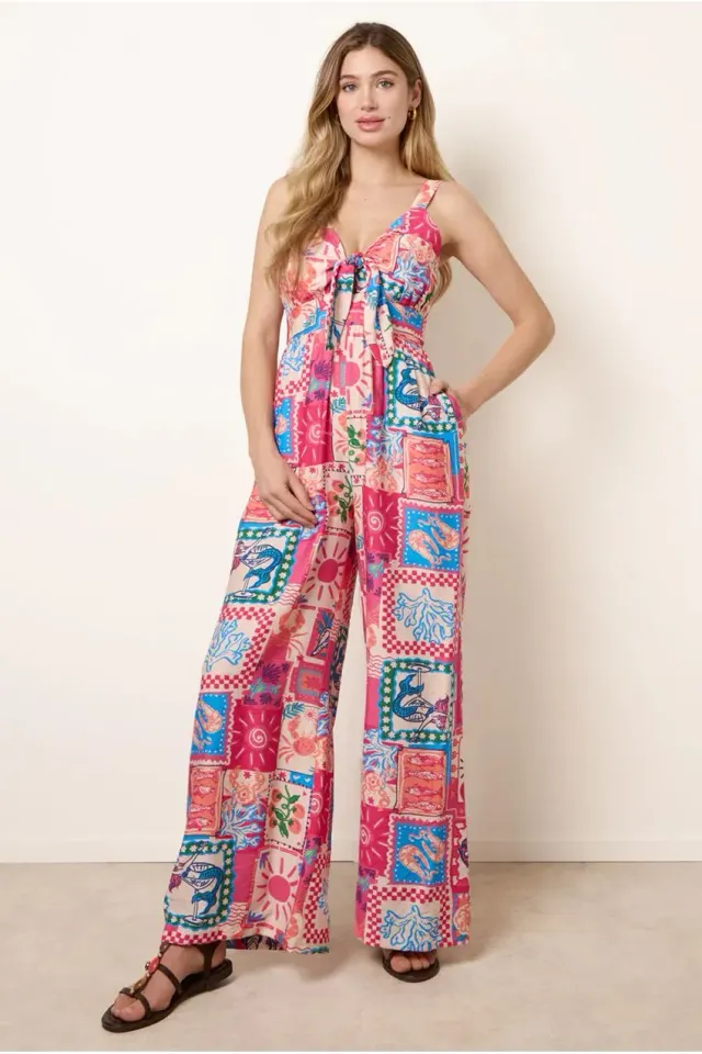 Blue Vanilla Tie Front Postcard Print tuta rosa fantasia casual