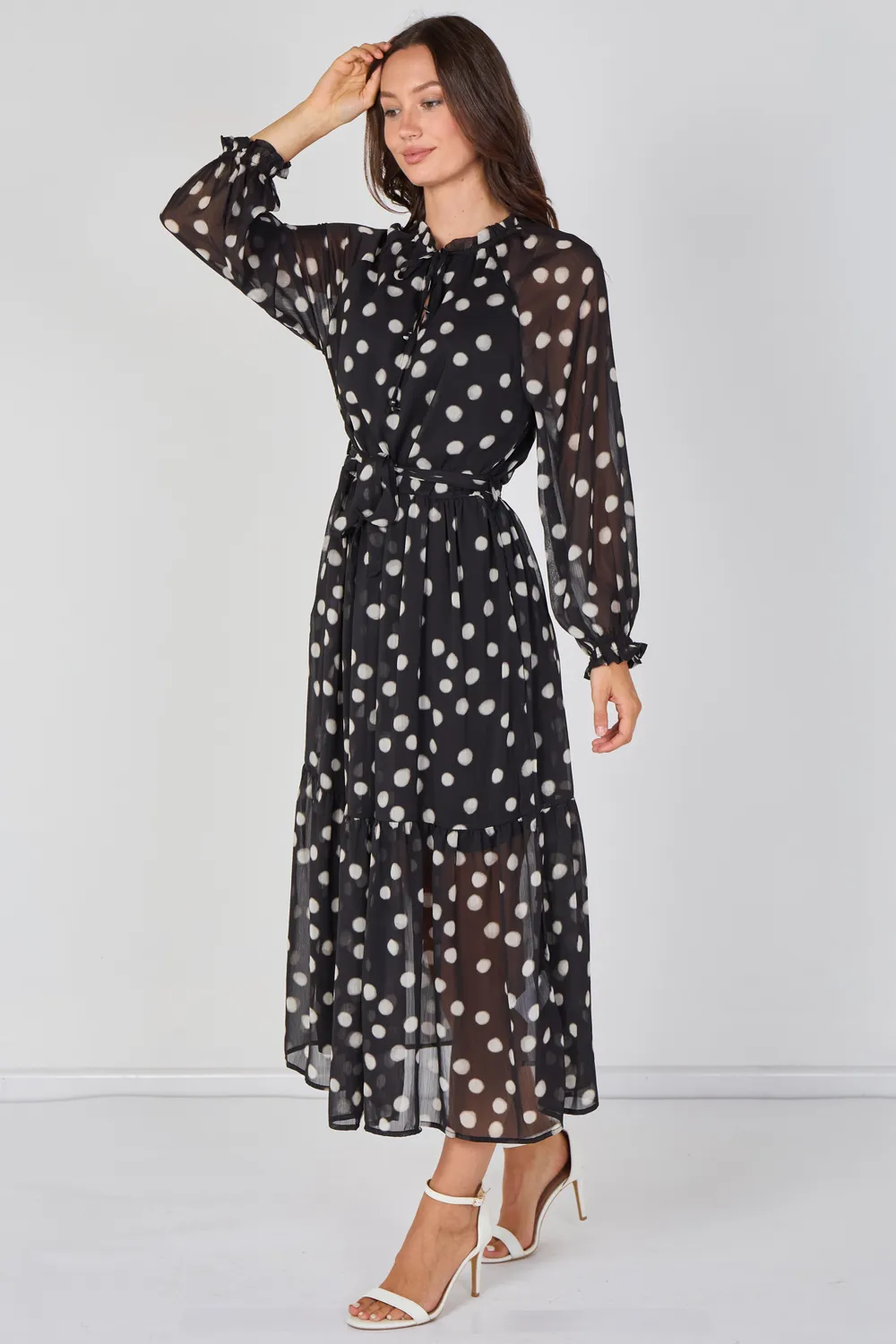 Love Sunshine abito maxi chiffon nero pois con cintura