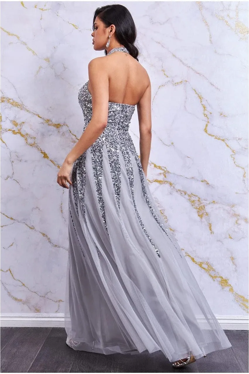 Danaya abito maxi paillettes argento schiena aperta