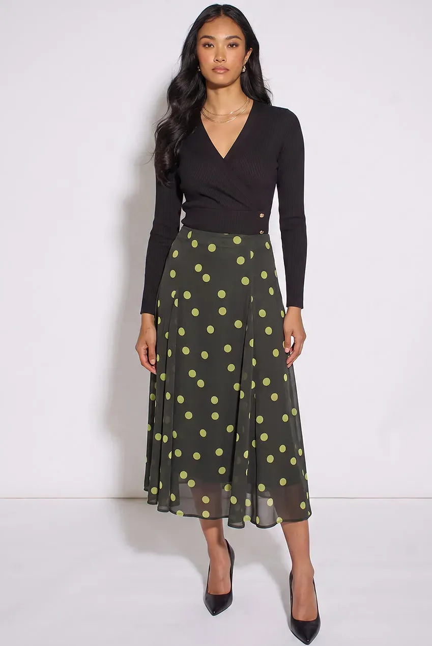 Gini London Gonna Midi Satin Verde Lime a Pois Godet Taglia 10