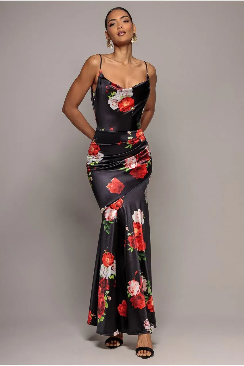 Goddiva Floral Satin Cowl abito lungo nero satin fiori scollo drappeggiato