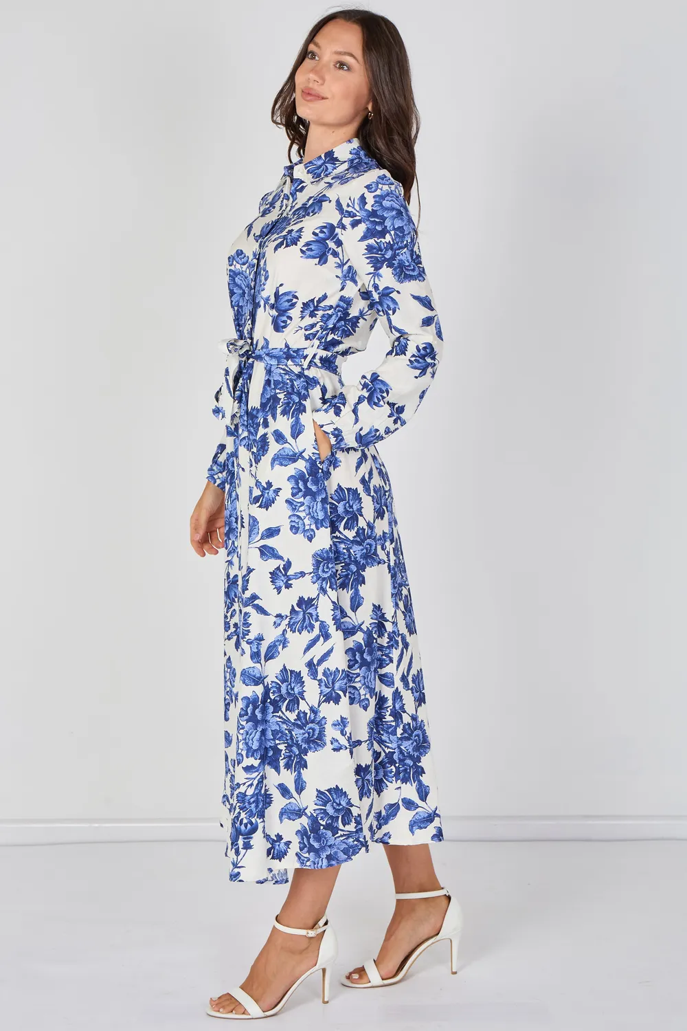 Love Sunshine Porcelain abito camicia maxi blu cintura