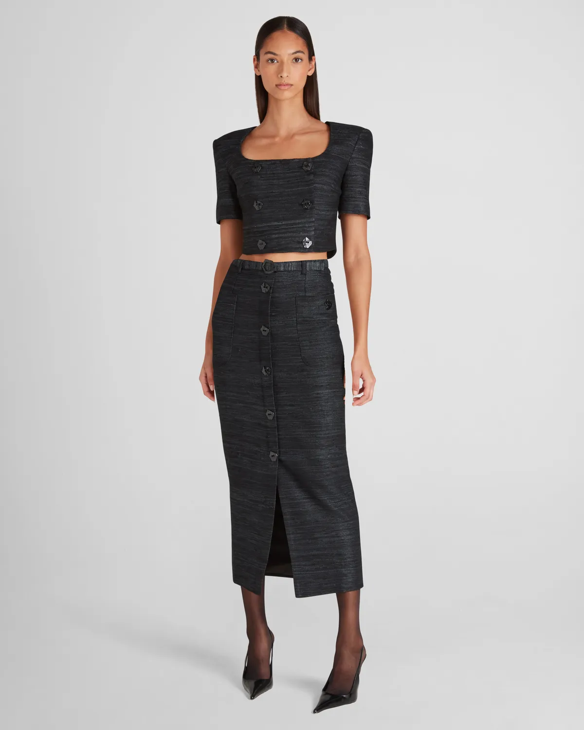 Violante Nessi Corot gonna nera tweed seta cintura