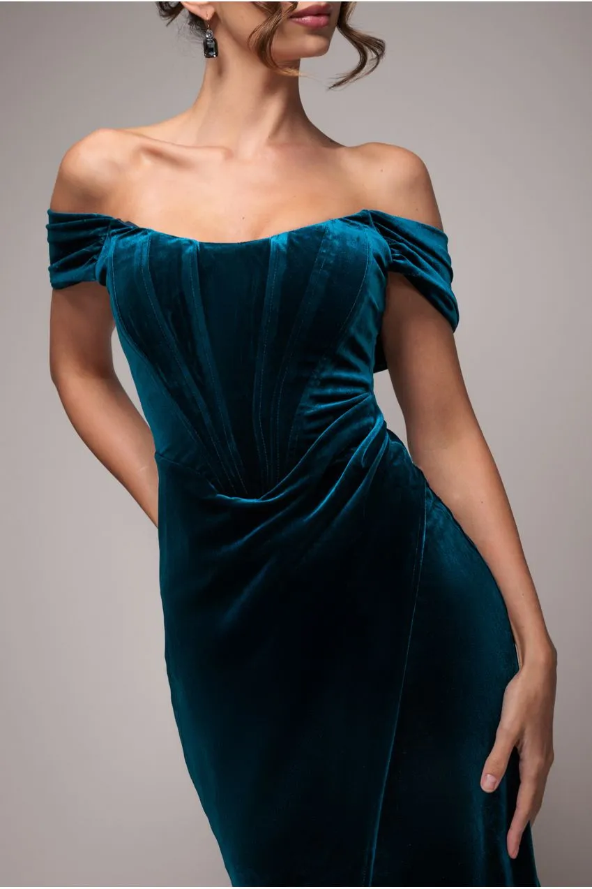 Goddiva Draped Shoulder Abito Maxi Velluto Ottanio