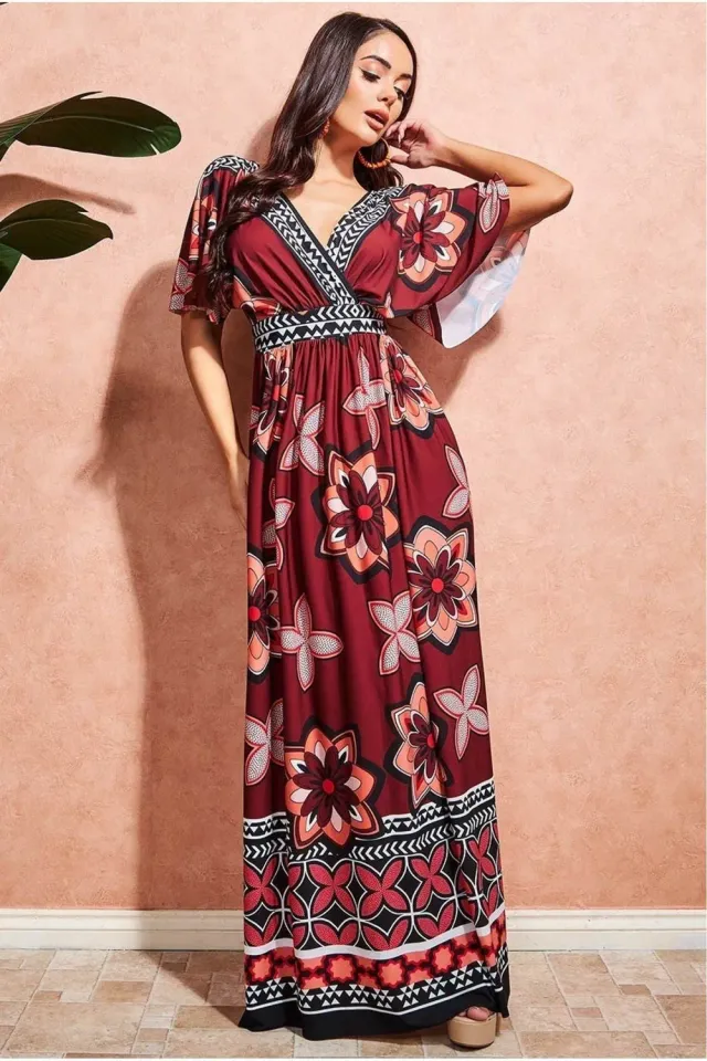 Goddiva abito maxi fantasia marrone maniche volant