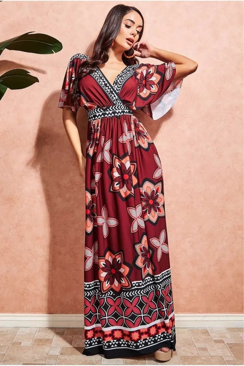 Goddiva abito maxi fantasia marrone maniche volant