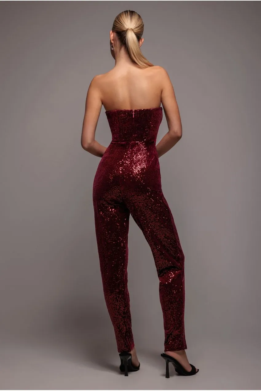 Goddiva Sequin Velvet Corset tuta bordeaux paillettes