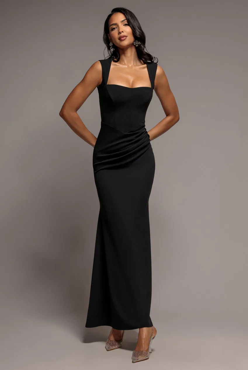 Goddiva abito nero scuba crepe lungo scollo quadrato