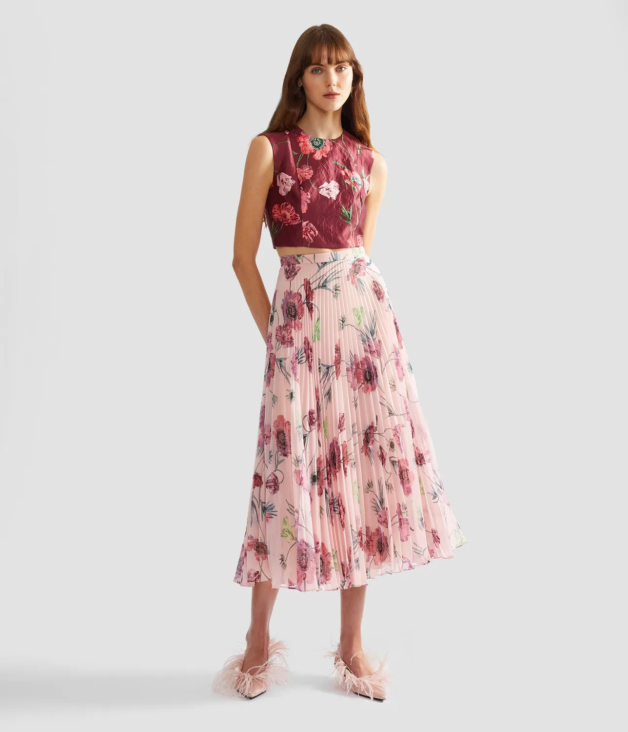 Erdem Floral Textured Satin Crop Top top satin