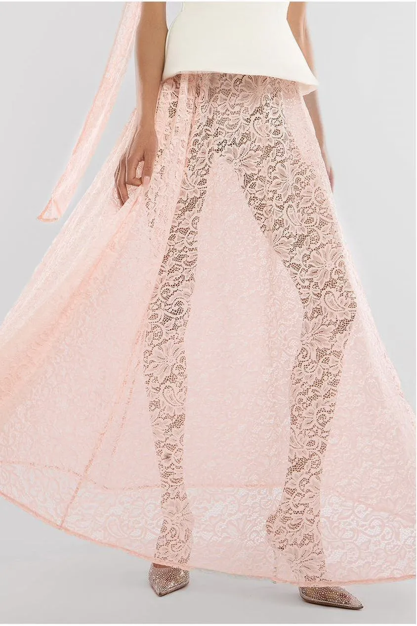 Goddiva Lace gonna lunga rosa cipria pizzo floreale