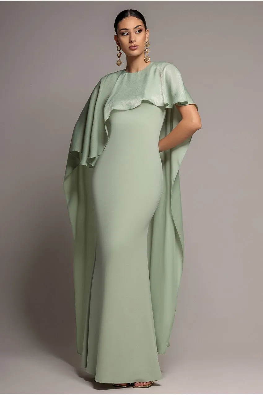 Goddiva Scoop Neck Cape abito maxi verde salvia in raso elegante