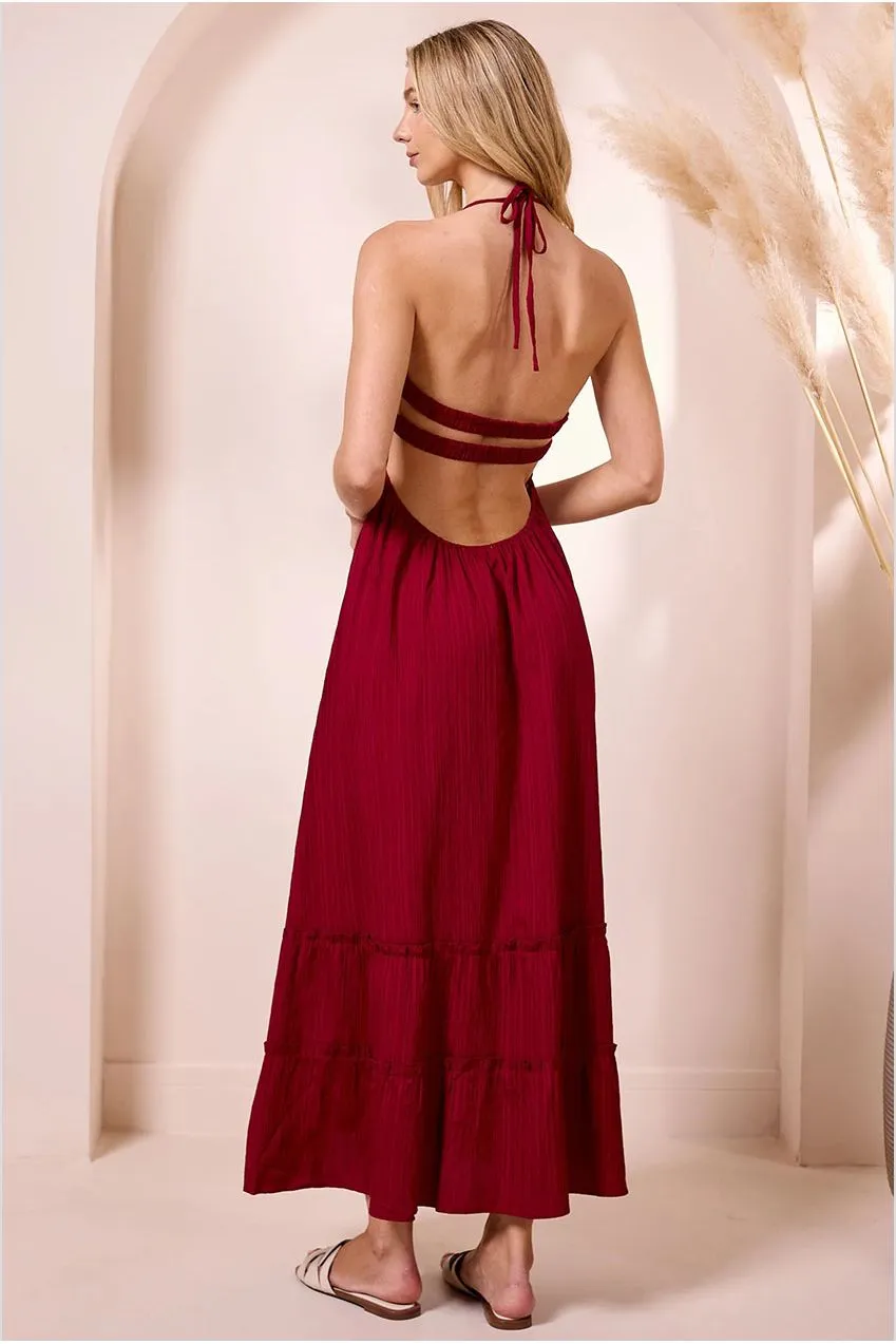 Angeleye Ruched Top abito maxi vino halter arricciato