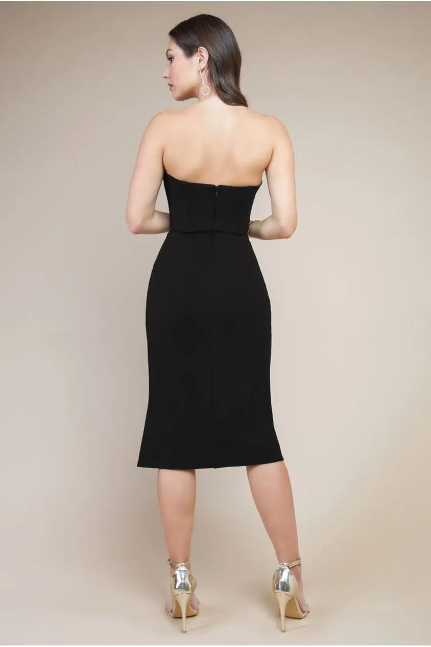 Goddiva Scuba Midi abito nero satin collo spacco 12