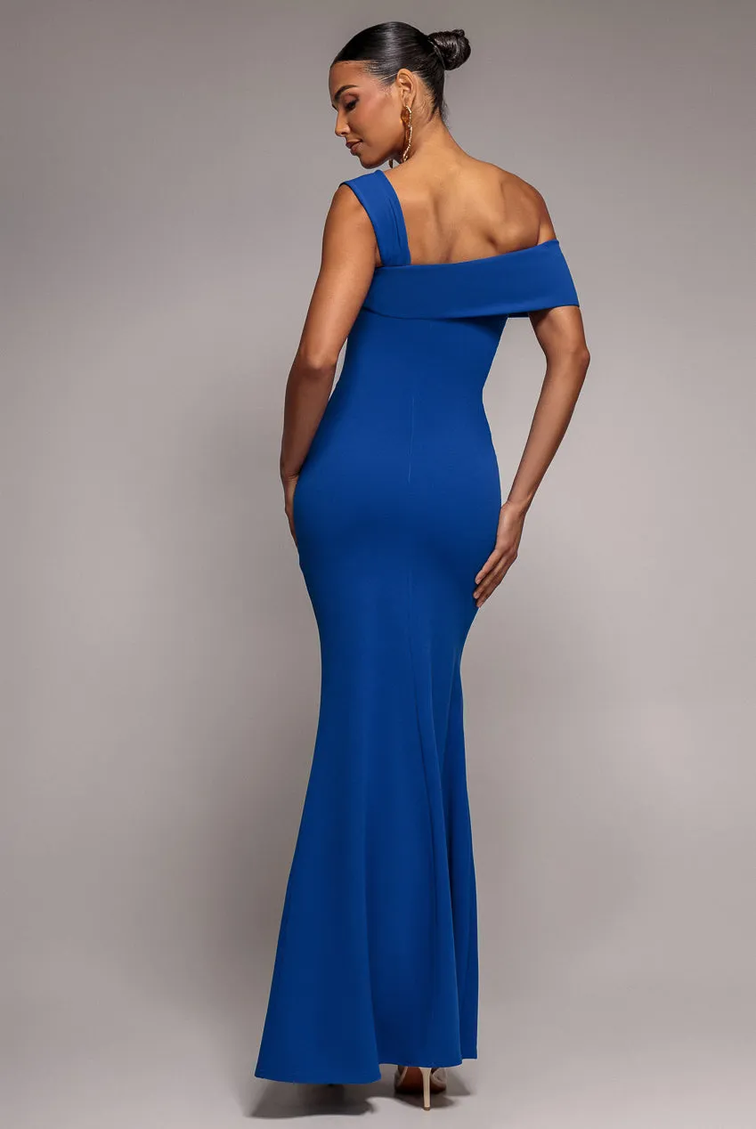 Goddiva DR5171 abito maxi blu royal monospalla