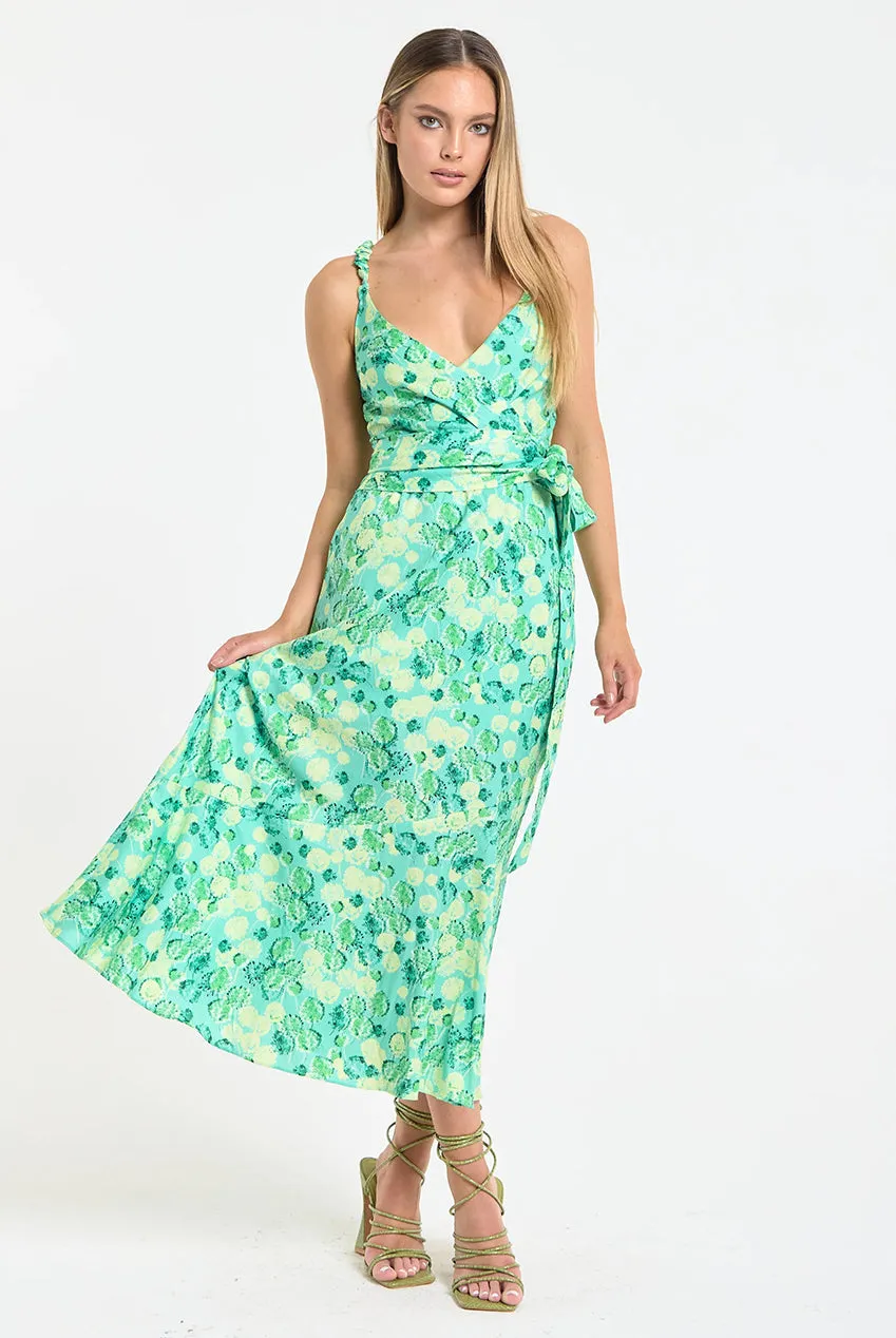 Liquorish Green Floral Wrap abito midi verde floreale scollo a V