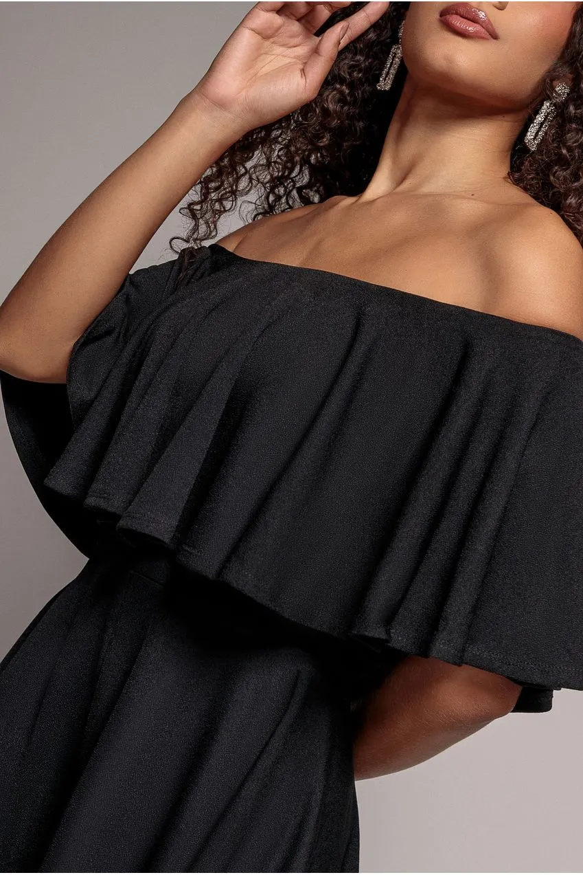 Goddiva Frill Neck tuta corta nera spalle scoperte