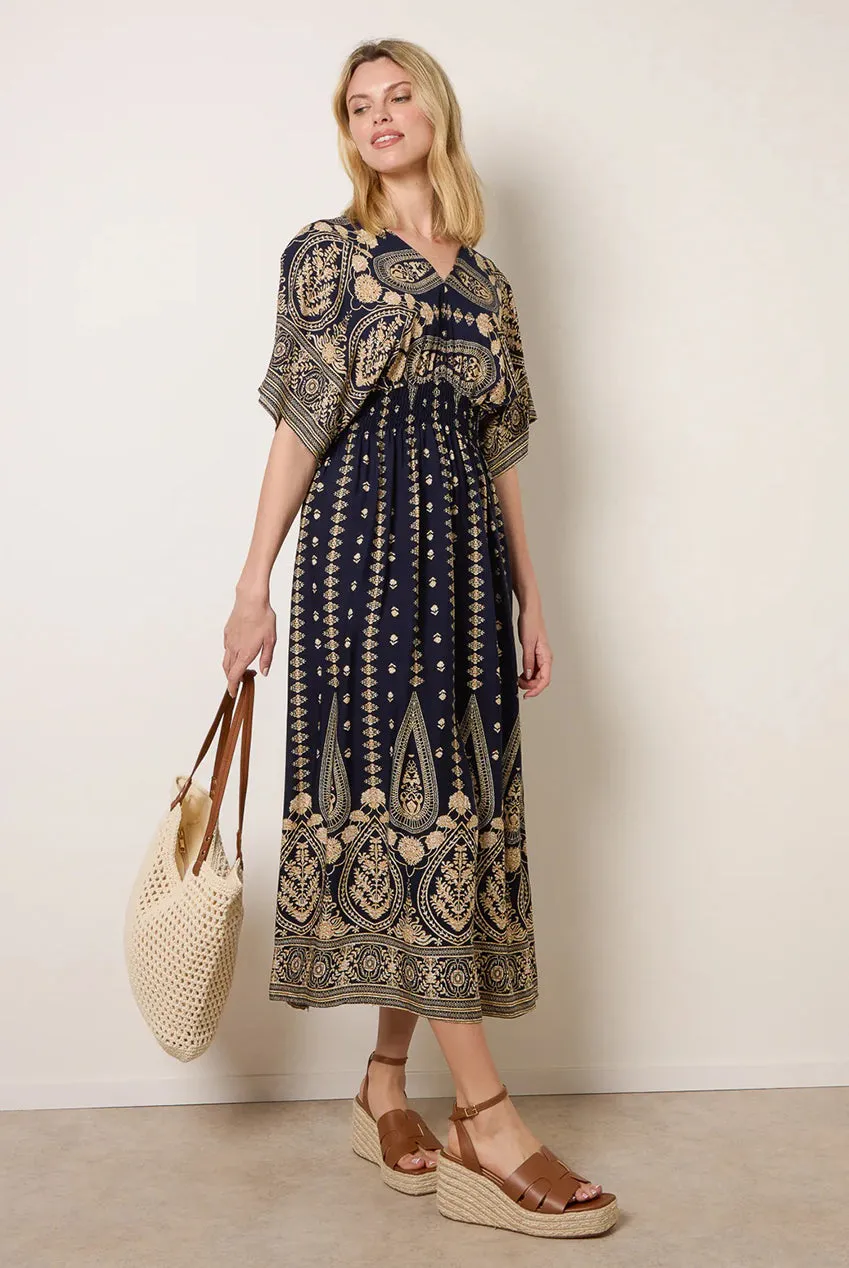 Blue Vanilla Floral Border vestito navy viscosa midi