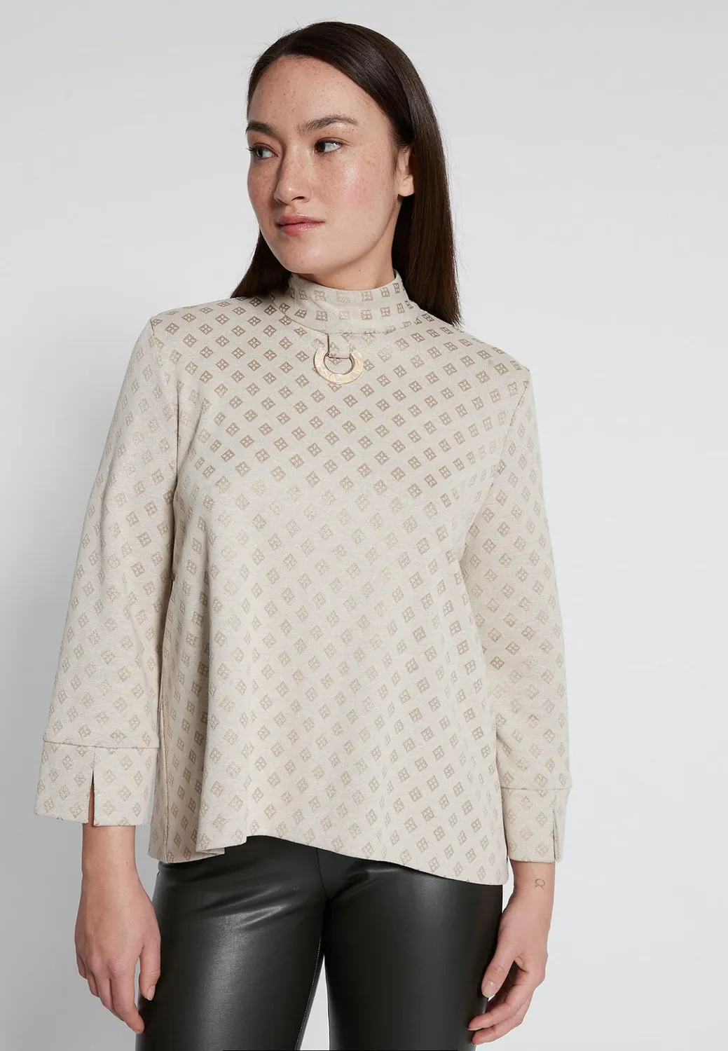 Ana Alcazar Hemmea top collo alto beige a quadri