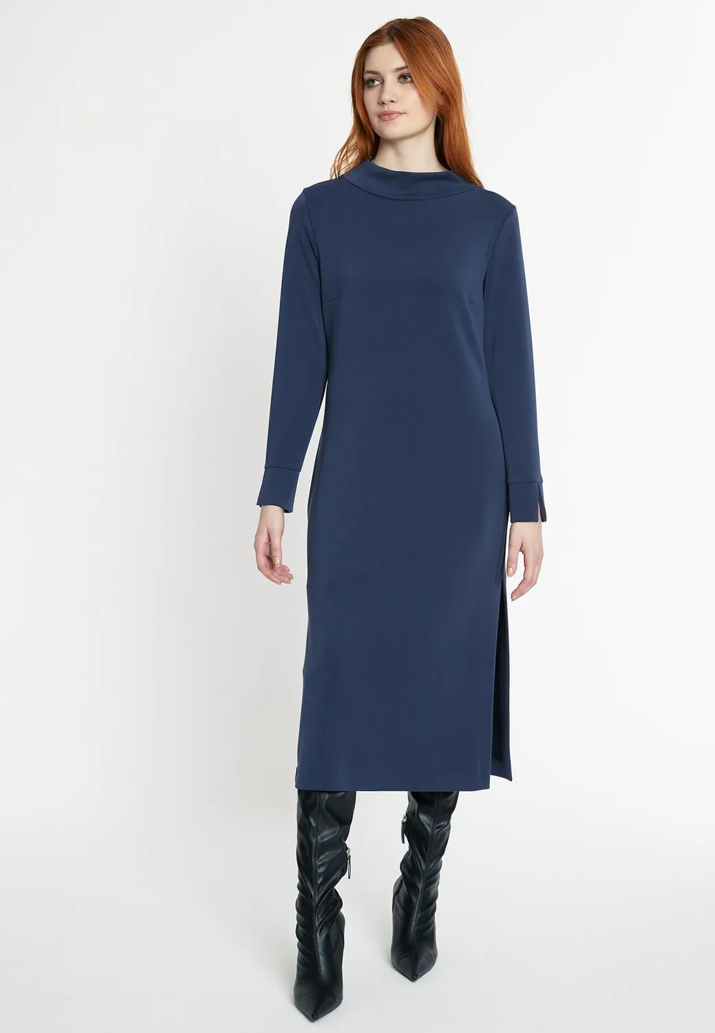 Ana Alcazar Sedani abito midi blu jersey manica lunga