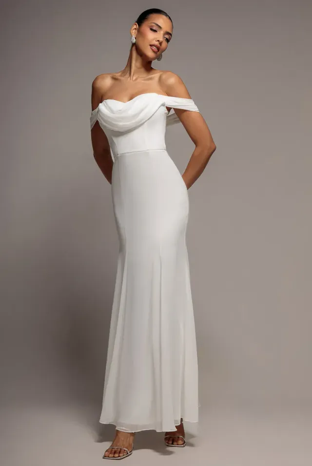 Goddiva Chiffon Bardot Cowl Neck abito maxi bianco scollo