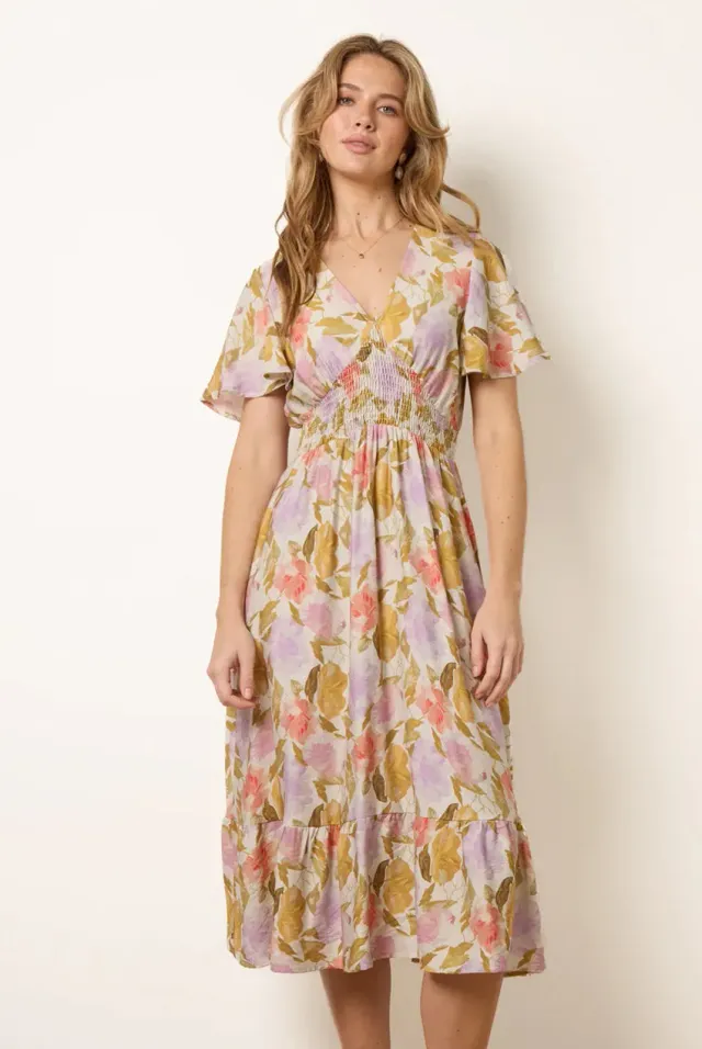 Blue Vanilla Floral abito midi multicolor scollo a V estivo