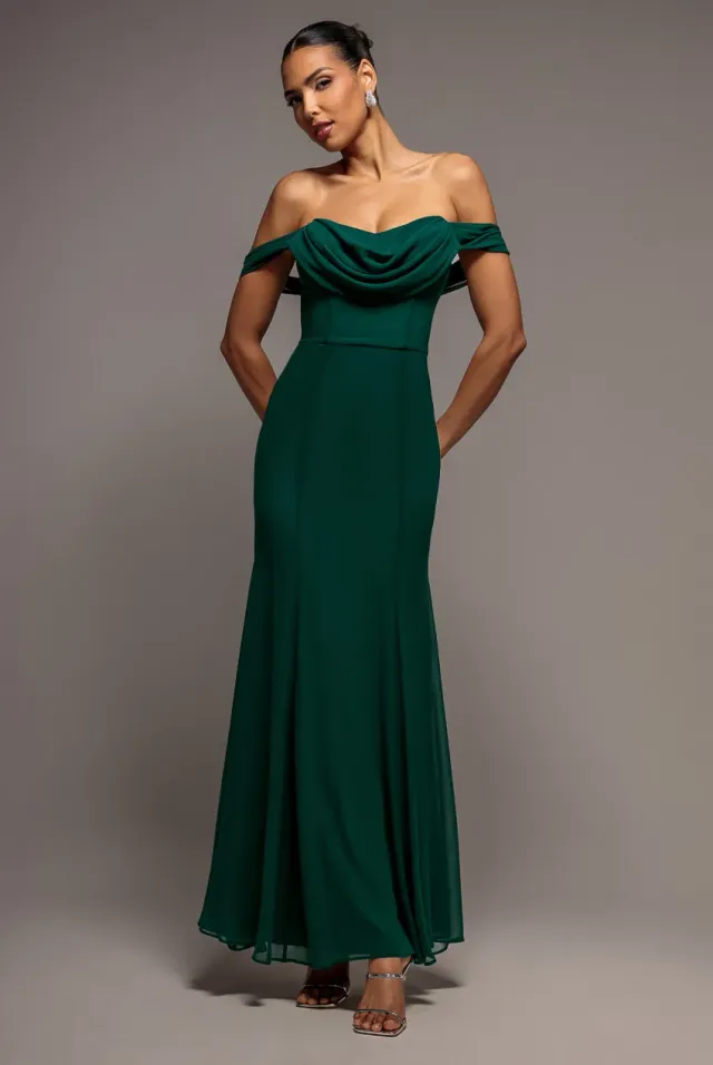 Goddiva Bardot Cowl Neck abito maxi verde chiffon