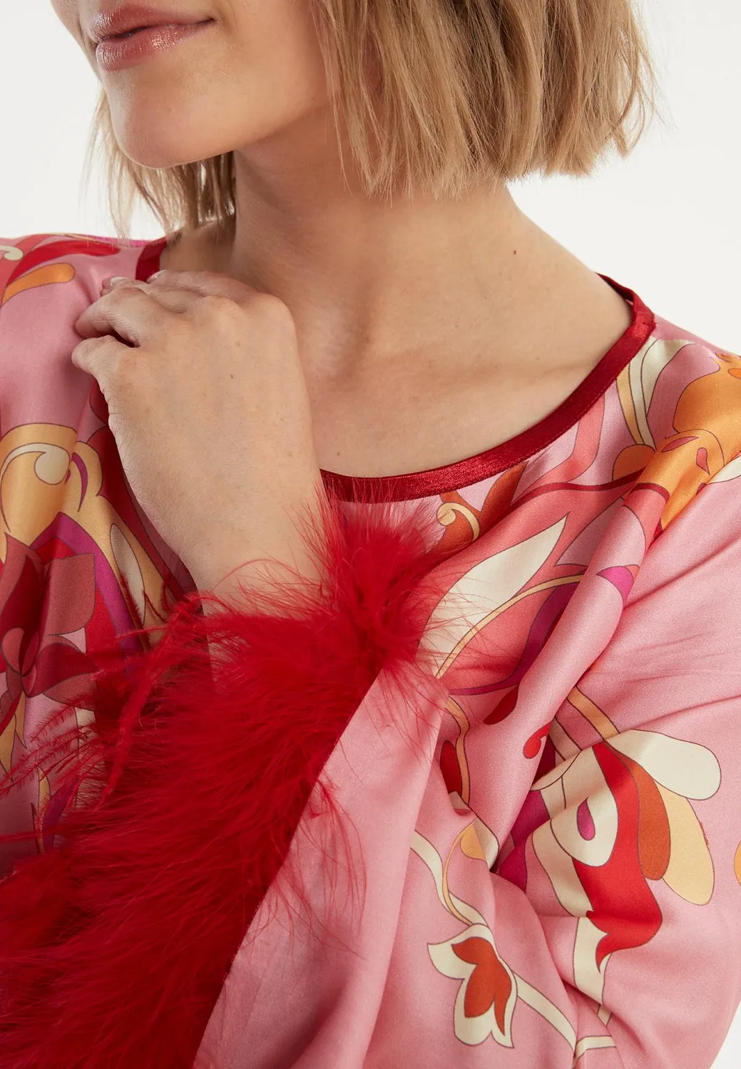 Ana Alcazar Zemmy top in raso rosa con piume