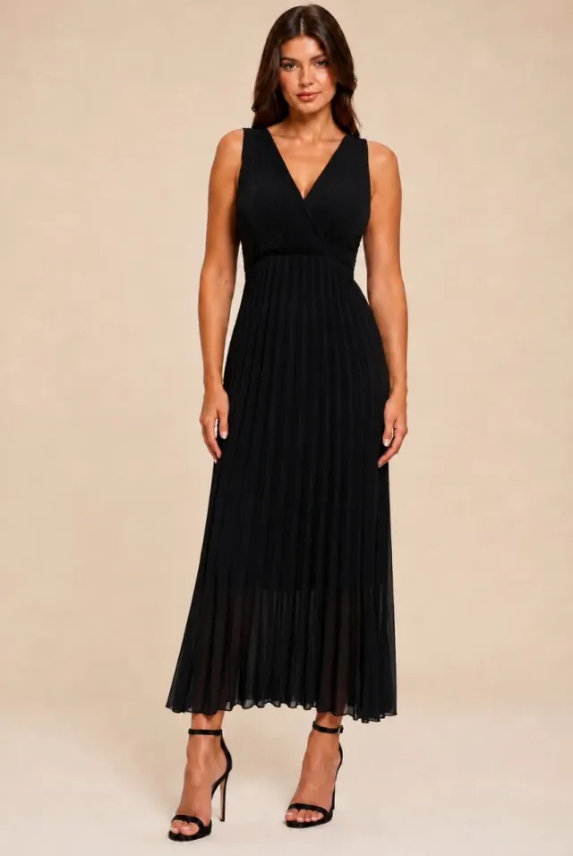 Honor Gold Tess abito midi nero chiffon pieghe