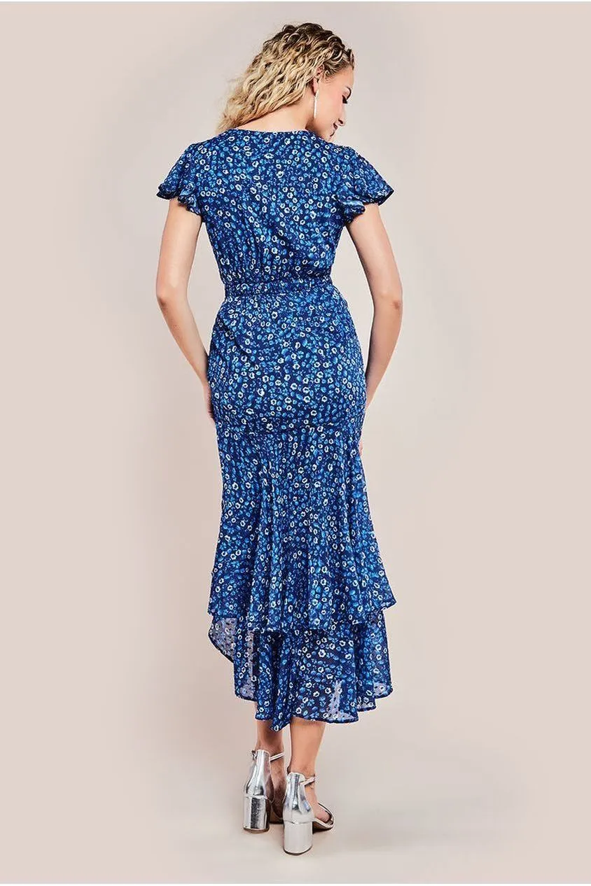 Goddiva Wrap High Low abito midaxi navy fantasia