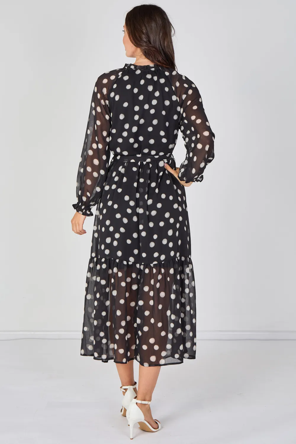 Love Sunshine abito maxi chiffon nero pois con cintura