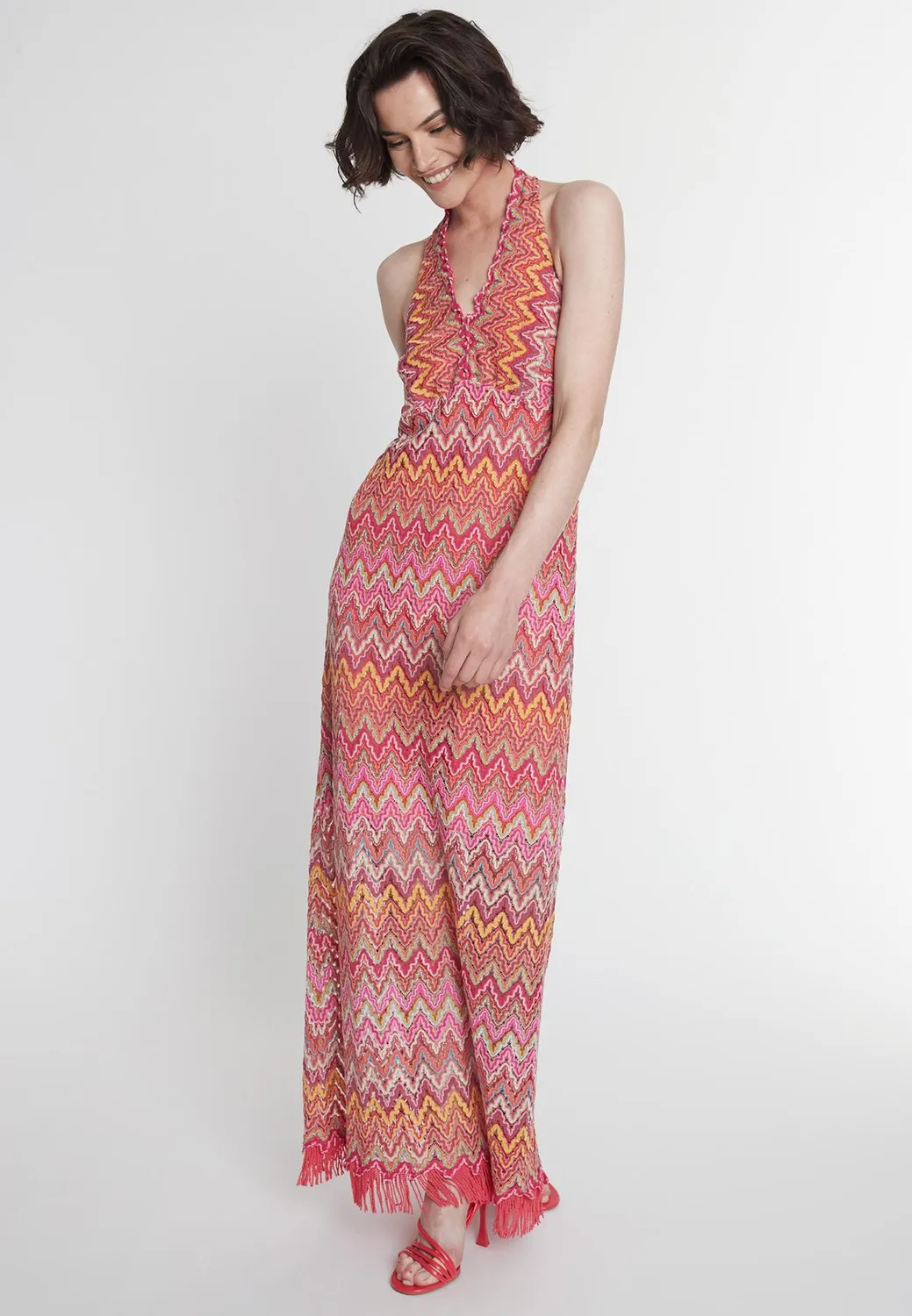 Ana Alcazar Polora abito lungo maxi rosa scollo halter