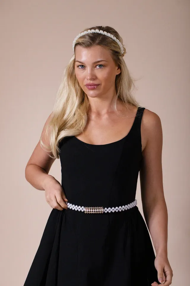 SVNX cintura perle bianche elasticizzata fibbia strass