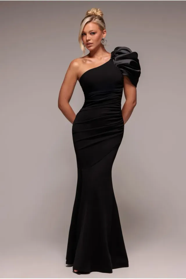 Goddiva One Shoulder Puffed Satin abito nero sirena