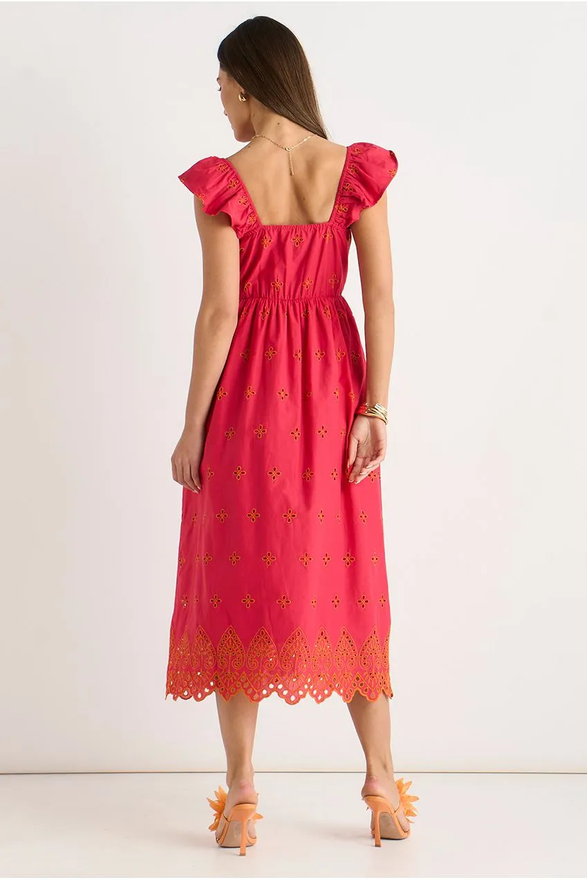 Gini London abito midi rosa sangallo maniche volant