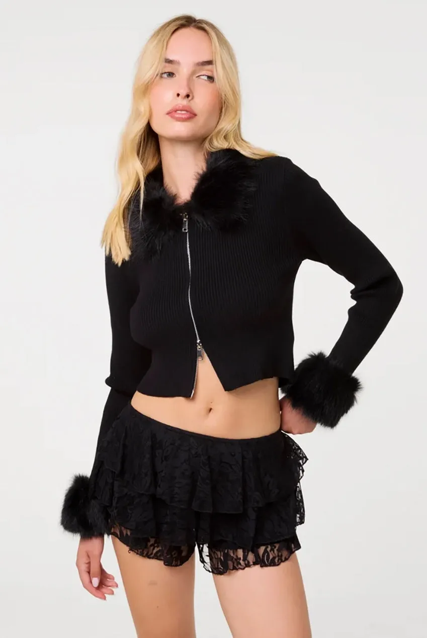 Goddiva Pink Vanilla cardigan nero zip pelliccia